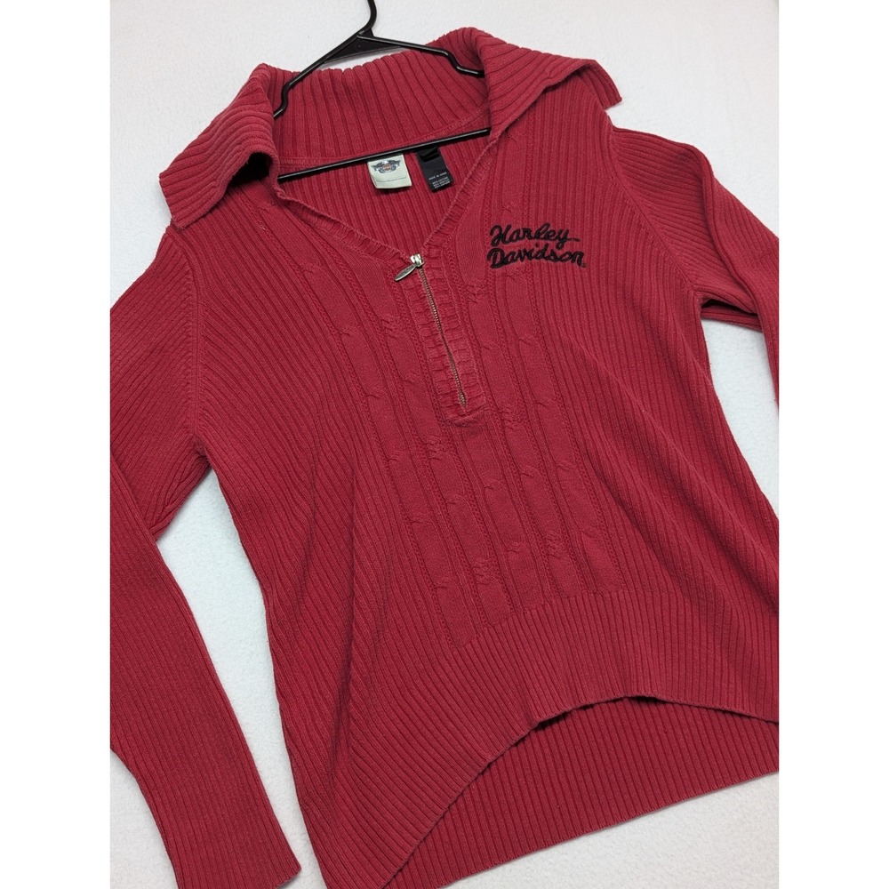 Harley Davidson Womens XXL Red Ribbed Cable Knit Quarter Zip Sweater Logo